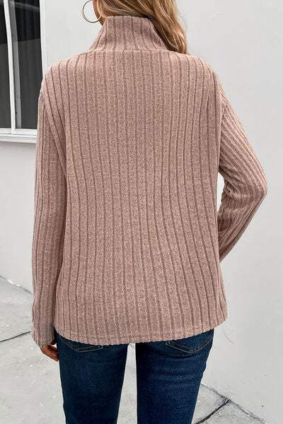 Ribbed Turtleneck Long Sleeve Sweater - Trendsi - Flyclothing LLC