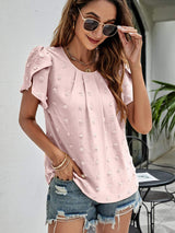 Swiss Dot Round Neck Petal Sleeve Top - Trendsi - Flyclothing LLC