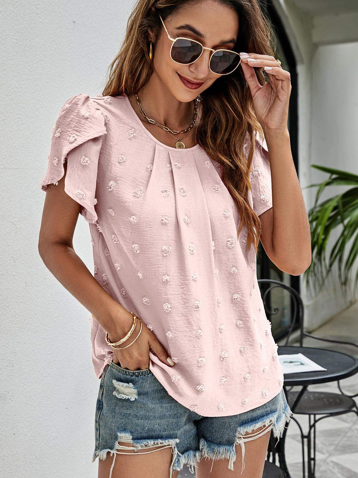 Swiss Dot Round Neck Petal Sleeve Top - Trendsi - Flyclothing LLC