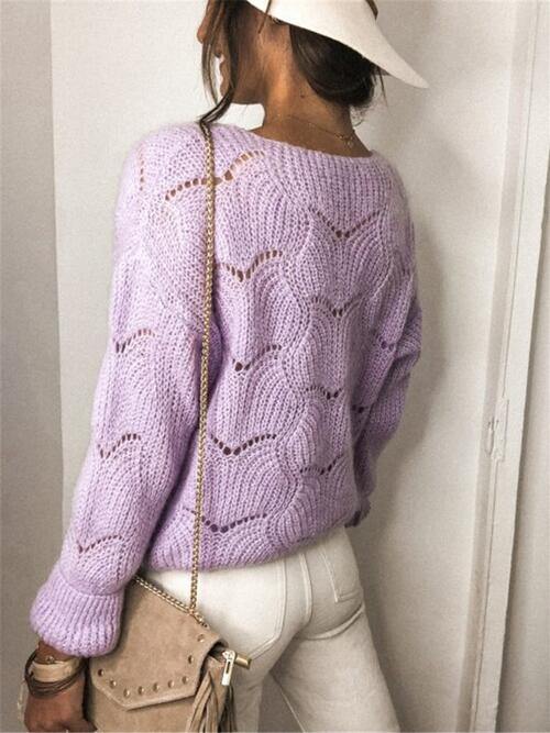 Openwork Button Up Long Sleeve Cardigan - Trendsi