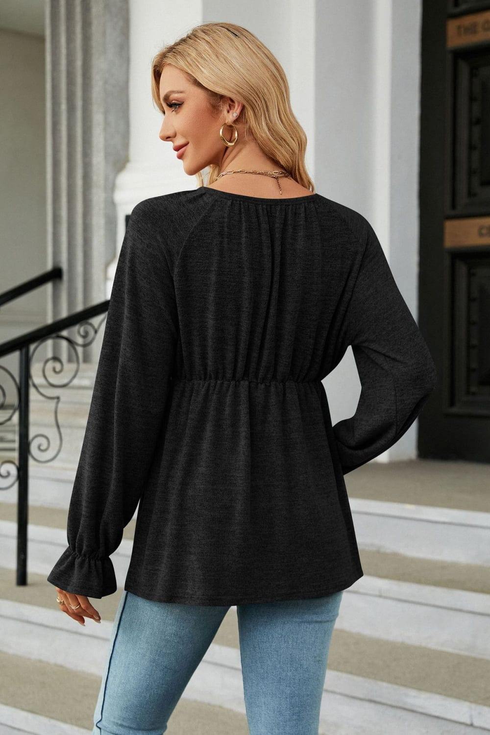 Round Neck Flounce Sleeve Blouse - Trendsi