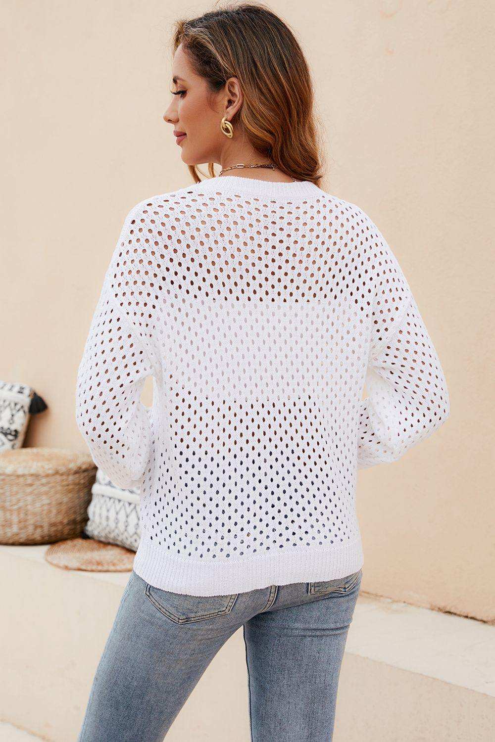 Round Neck Openwork Dropped Shoulder Knit Top - Trendsi - Flyclothing LLC