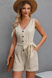 Button Front Belted Sleeveless Romper - Trendsi - Flyclothing LLC