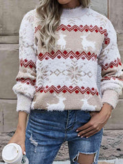 Reindeer & Snowflake Round Neck Sweater - Trendsi