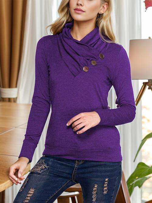Buttoned Mock Neck Long Sleeve Blouse - Trendsi - Flyclothing LLC