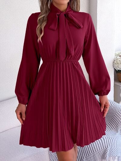 Tie Neck Balloon Sleeve Pleated Dress - Trendsi