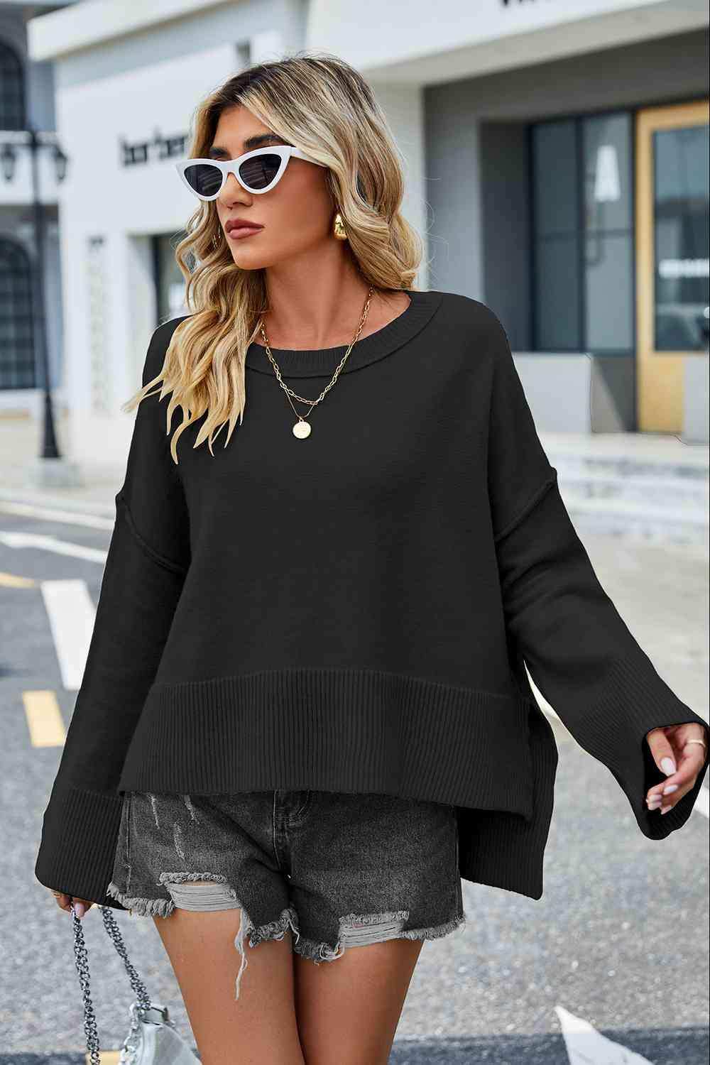Round Neck Dropped Shoulder Slit Sweater - Trendsi - Flyclothing LLC