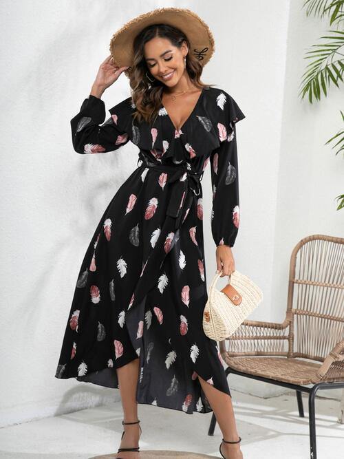 Printed Tie Front Ruffle Trim Long Sleeve Dress - Trendsi