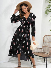 Printed Tie Front Ruffle Trim Long Sleeve Dress - Trendsi