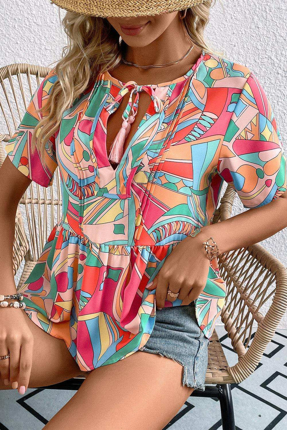 Printed Tie Neck Short Sleeve Blouse - Trendsi - Flyclothing LLC