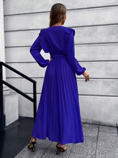Pleated Surplice Tie Waist Maxi Dress - Trendsi
