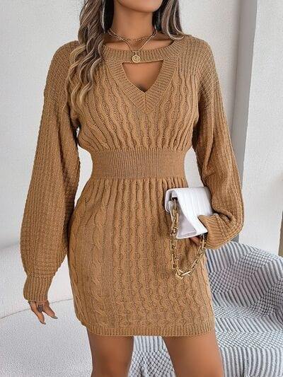Cable-Knit Cutout Round Neck Slit Sweater - Trendsi