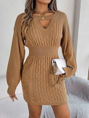 Cable-Knit Cutout Round Neck Slit Sweater - Trendsi