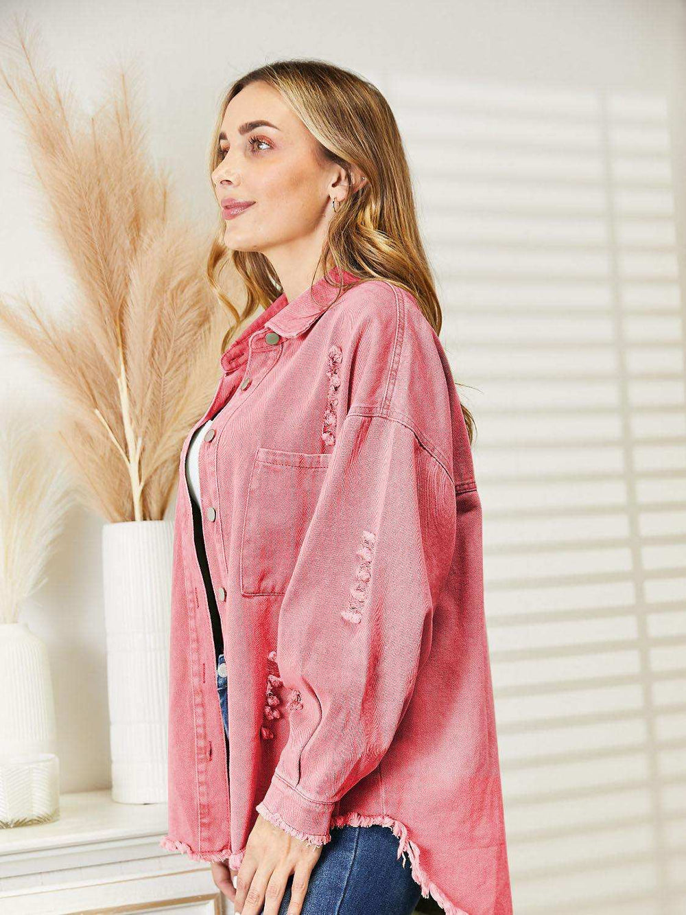 Distressed Raw Hem Denim Jacket - Trendsi - Flyclothing LLC