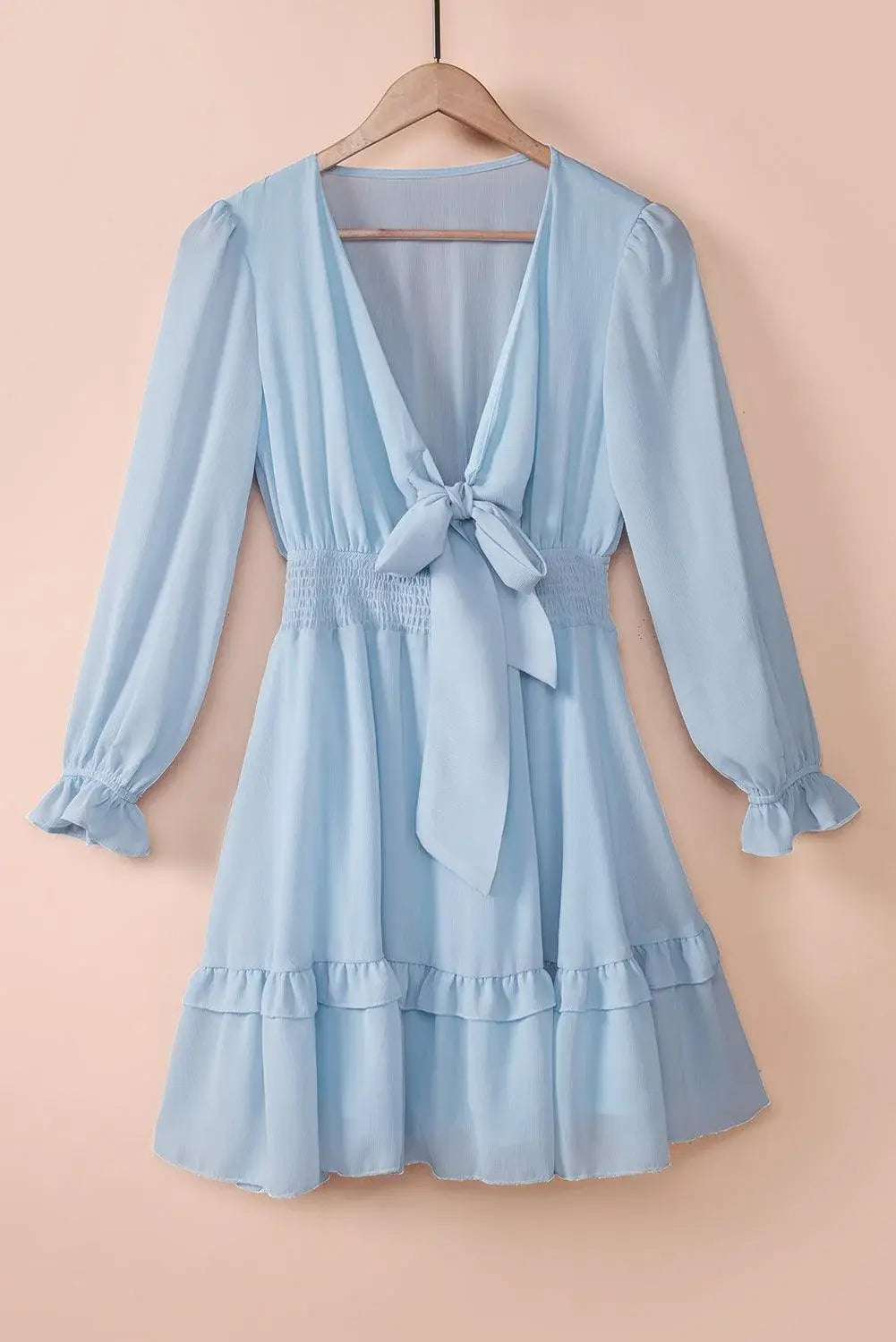 Tied Plunge Smocked Waist Flounce Sleeve Dress - Trendsi - Flyclothing LLC
