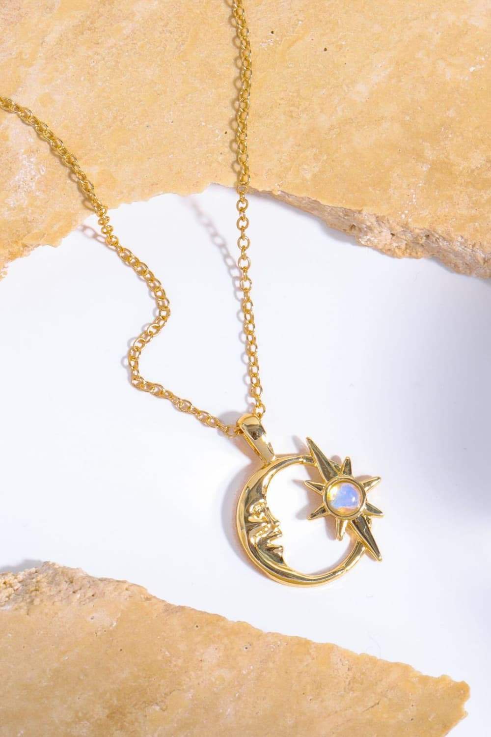 Copper 14K Gold Pleated Moon & Star Shape Pendant Necklace - Trendsi - Flyclothing LLC