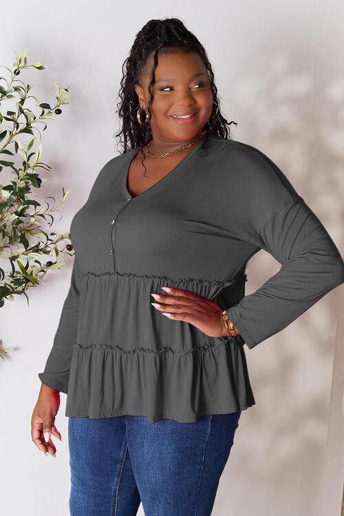 Double Take Half Button Long Sleeve Ruffle Hem Blouse - Trendsi