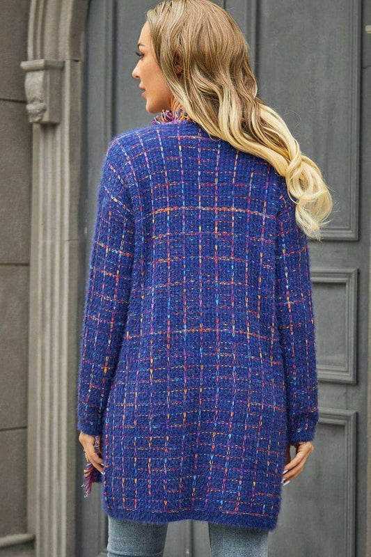 Plaid Fringe Trim Open Front Longline Cardigan - Trendsi - Flyclothing LLC