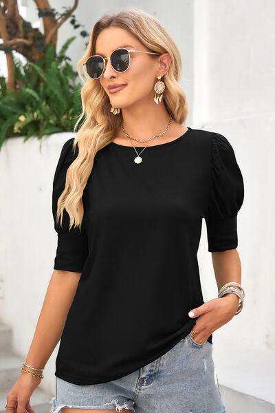 Round Neck Lantern Sleeve Blouse - Trendsi - Flyclothing LLC