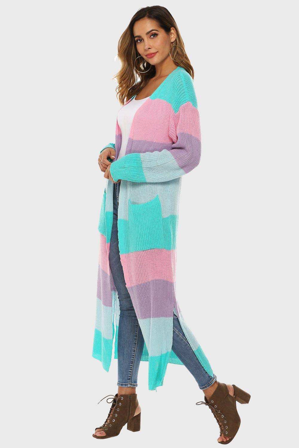 Color Block Long Sleeve Pocketed Cardigan - Trendsi - Flyclothing LLC