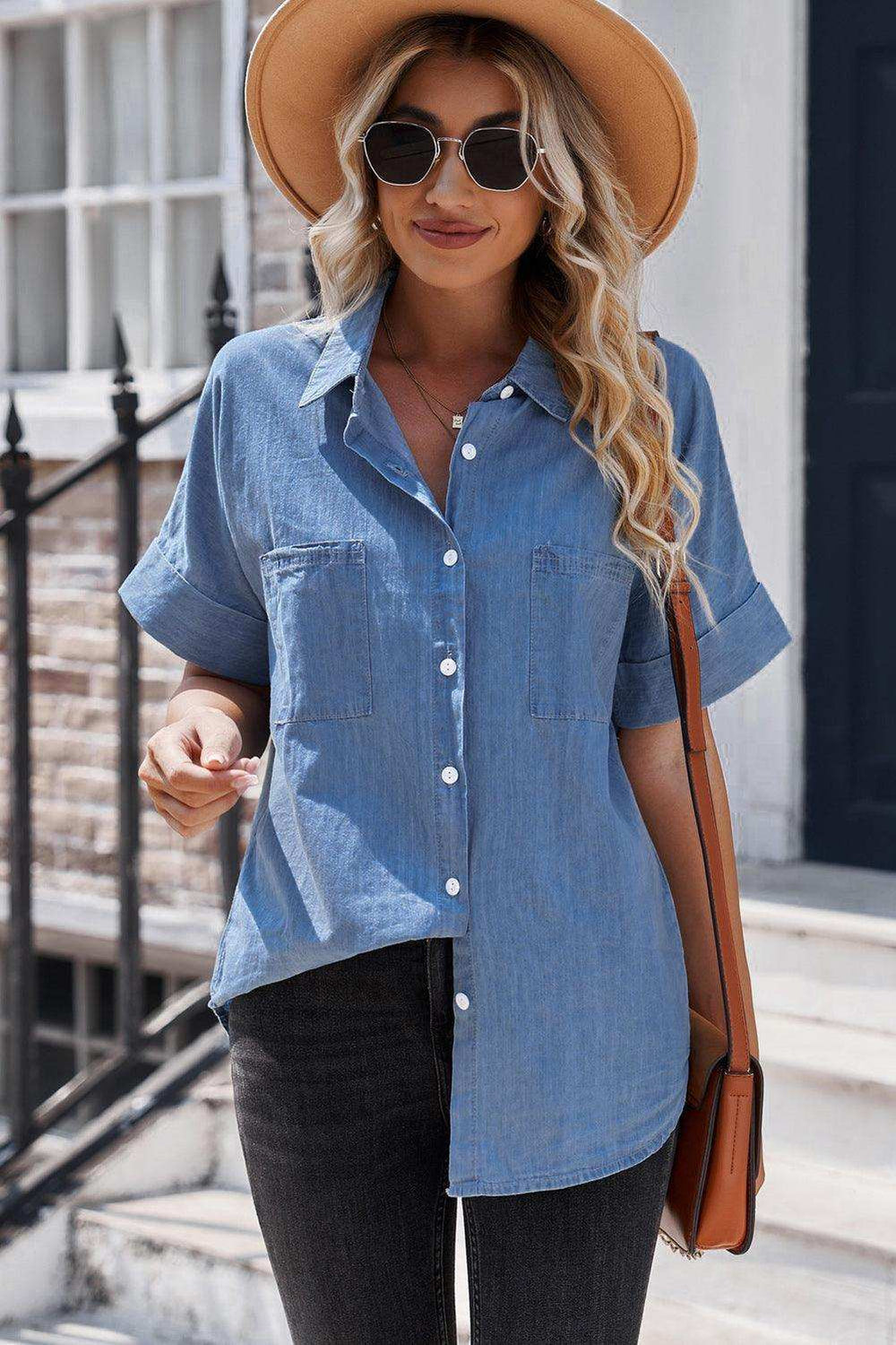 Button Front Collared Short Sleeve Shirt - Trendsi - Flyclothing LLC