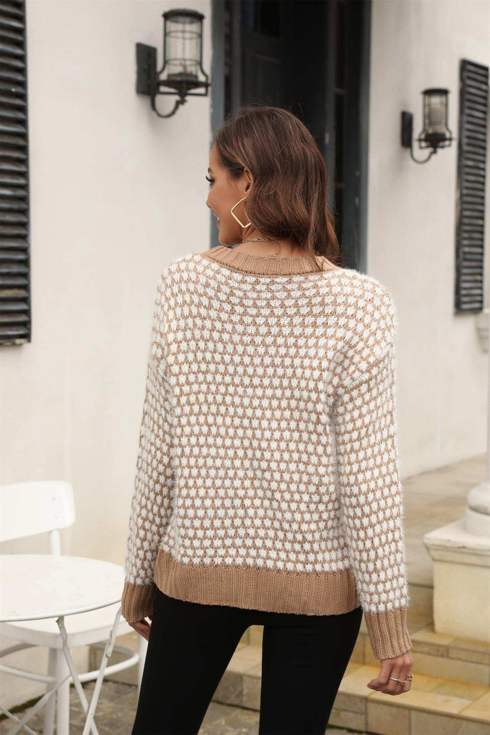 Printed Round Neck Dropped Shoulder Sweater - Trendsi - Flyclothing LLC