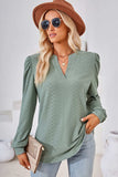 Ruched Notched Long Sleeve T-Shirt - Trendsi - Flyclothing LLC