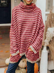 Striped Turtleneck Sweater with Pockets - Flyclothing LLC