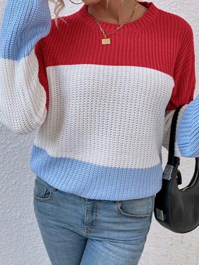 Color Block Round Neck Sweater - Trendsi