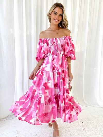Printed Smocked Off-Shoulder Tiered Dress - Trendsi