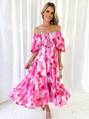 Printed Smocked Off-Shoulder Tiered Dress - Trendsi