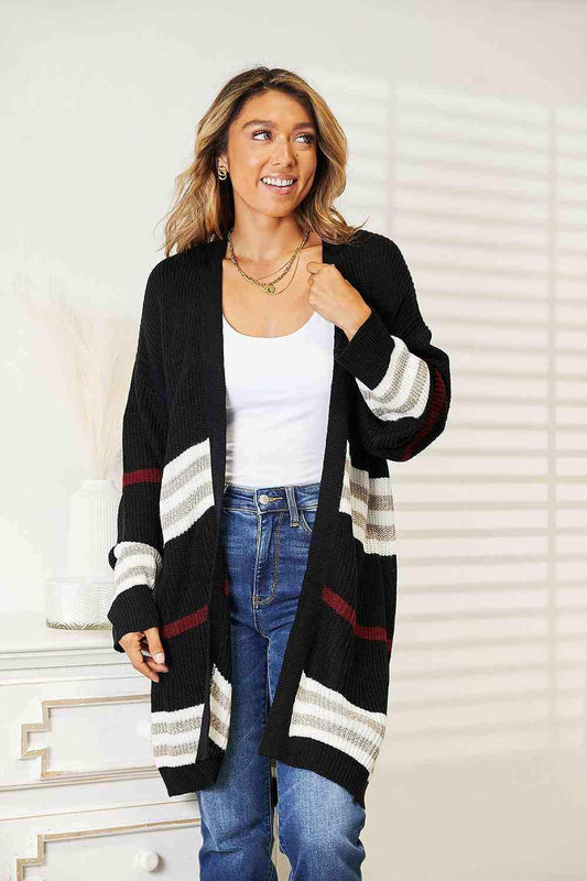 Double Take Striped Rib-Knit Drop Shoulder Open Front Cardigan - Trendsi - Flyclothing LLC