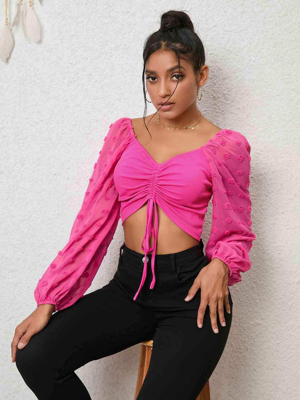 Swiss Dot Drawstring Cropped Blouse - Trendsi - Flyclothing LLC