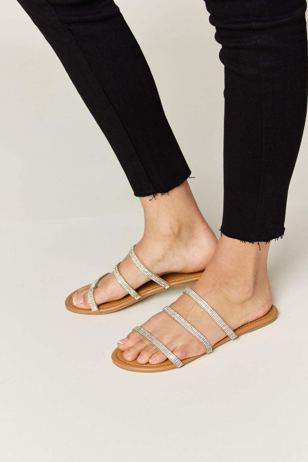 WILD DIVA Rhinestone Three-Strap Flat Sandals - Trendsi - Flyclothing LLC
