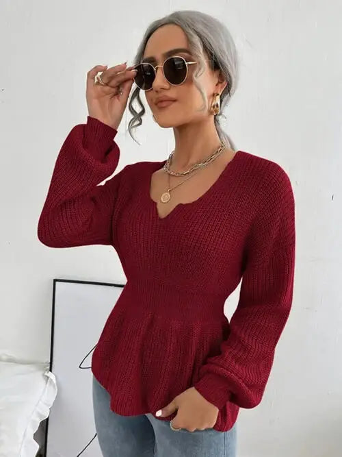 Notched Dropped Shoulder Knit Top - Trendsi - Flyclothing LLC