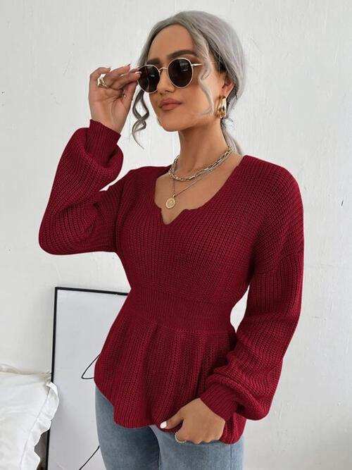 Notched Dropped Shoulder Knit Top - Trendsi - Flyclothing LLC