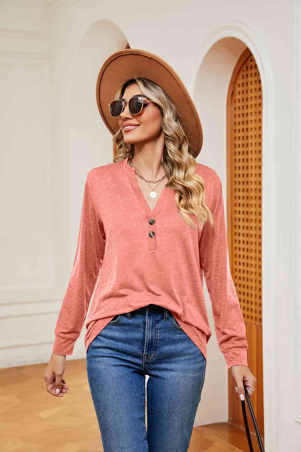 Buttoned Notched Neck Long Sleeve Top - Trendsi - Flyclothing LLC