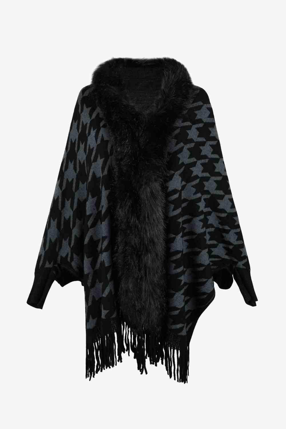 Houndstooth Fringe Hem Poncho - Trendsi - Flyclothing LLC
