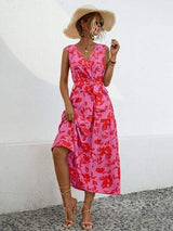 Tied Printed Surplice Tiered Dress - Trendsi - Flyclothing LLC