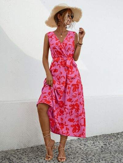Tied Printed Surplice Tiered Dress - Trendsi - Flyclothing LLC
