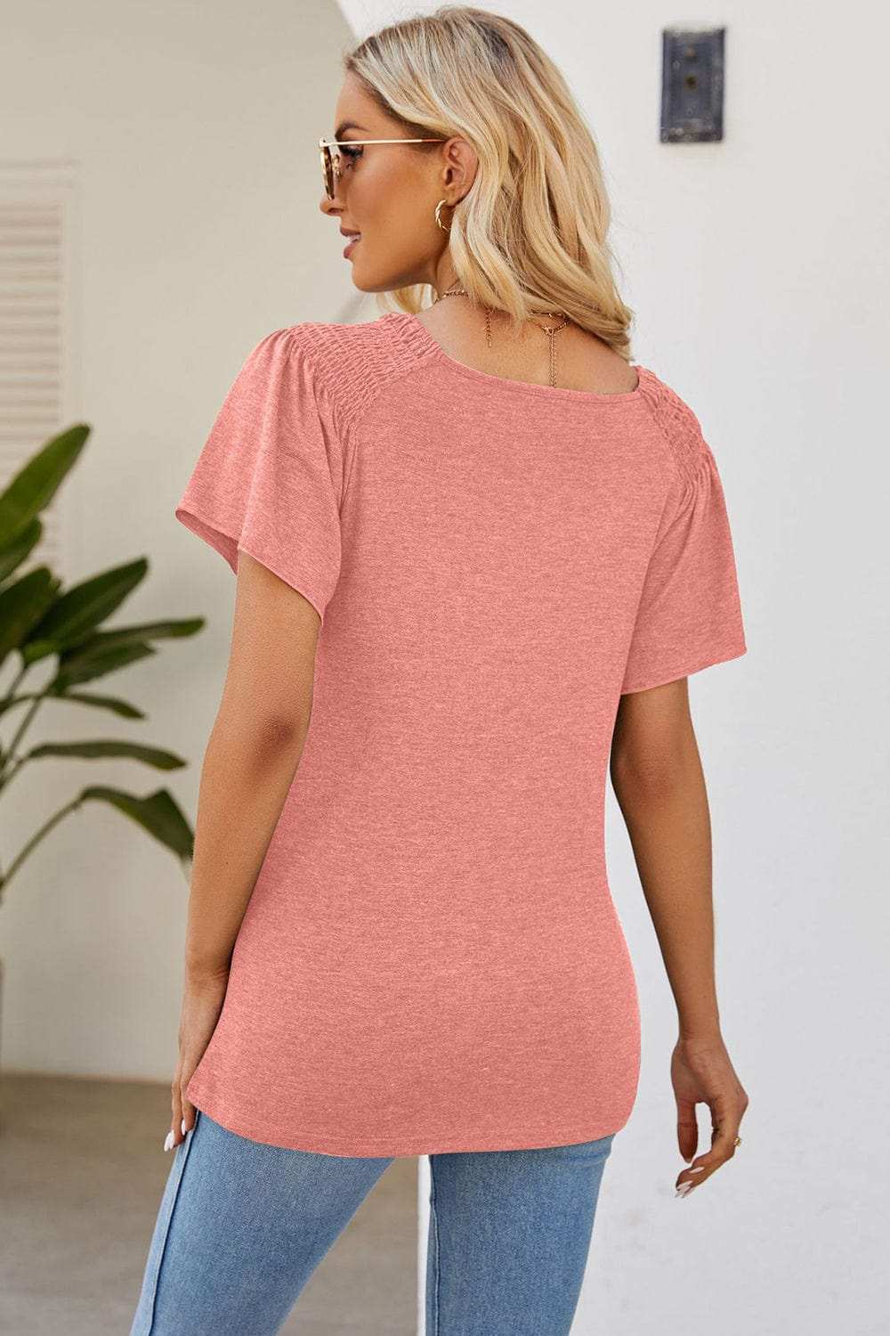 Smocked Round Neck Flutter Sleeve T-Shirt - Trendsi - Flyclothing LLC