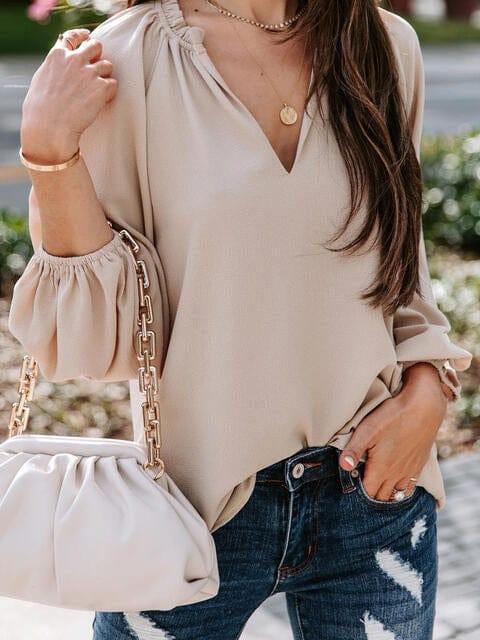 Notched Neck Long Sleeve Blouse - Trendsi