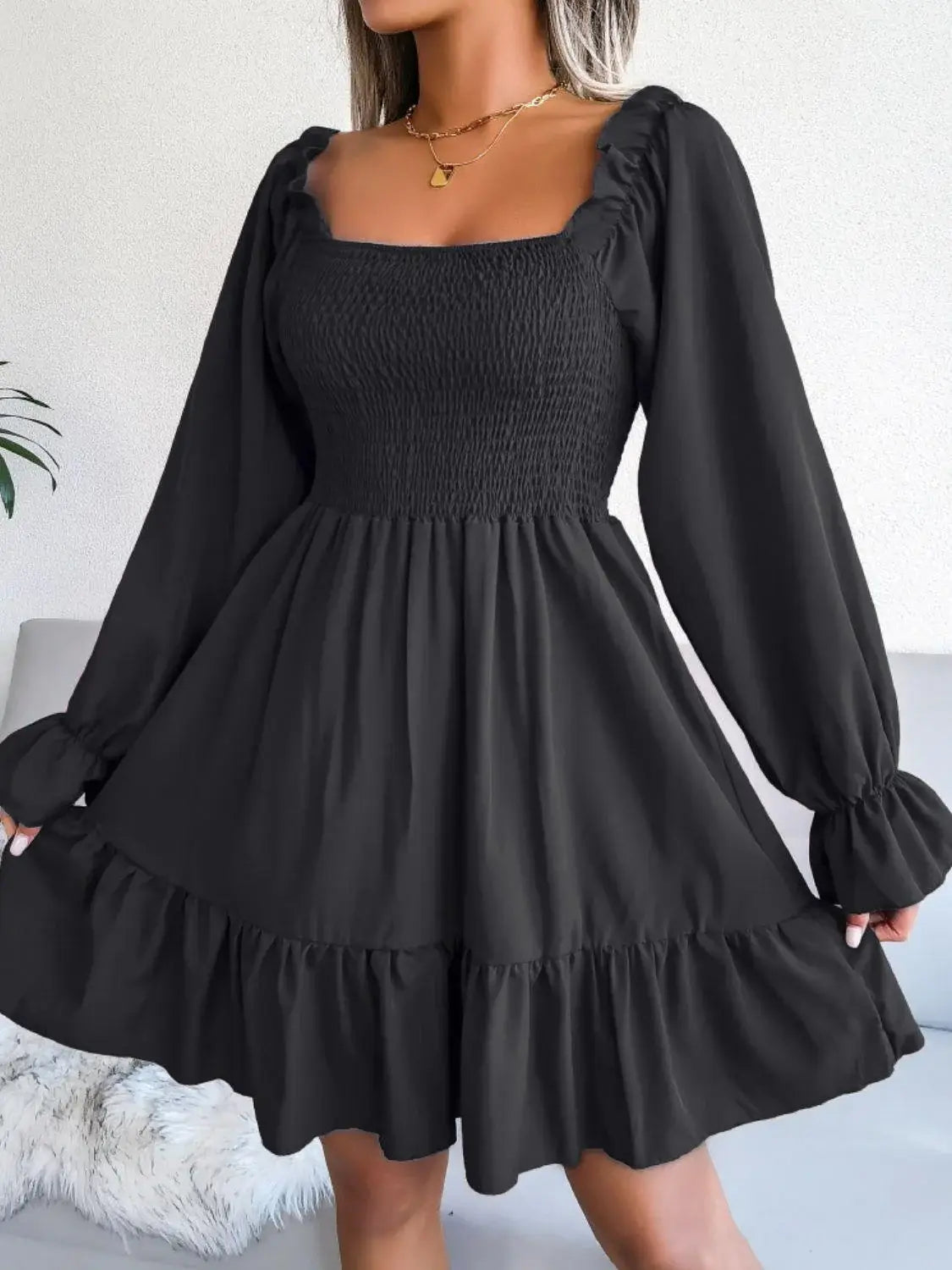 Smocked Flounce Sleeve Square Neck Dress - Trendsi - Flyclothing LLC