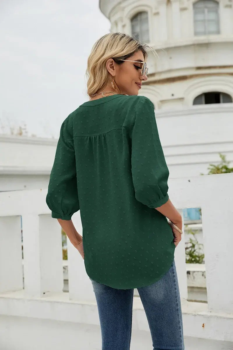 Swiss Dot Notched Neck Three-Quarter Sleeve Blouse - Trendsi - Flyclothing LLC