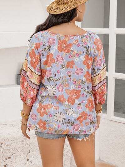 Plus Size Printed Tie Neck Balloon Sleeve Blouse - Trendsi - Flyclothing LLC