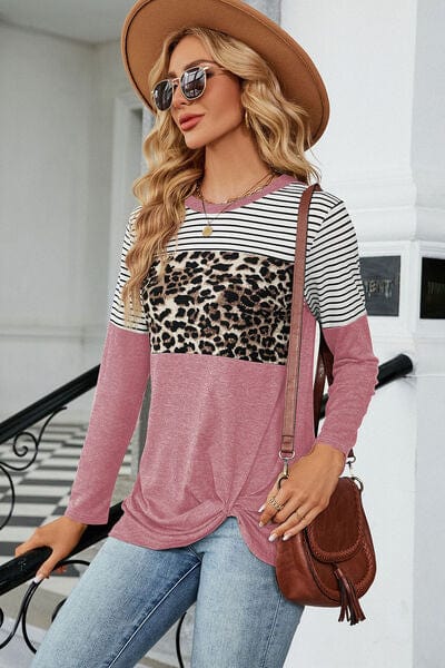 Leopard Striped Round Neck T-Shirt - Trendsi