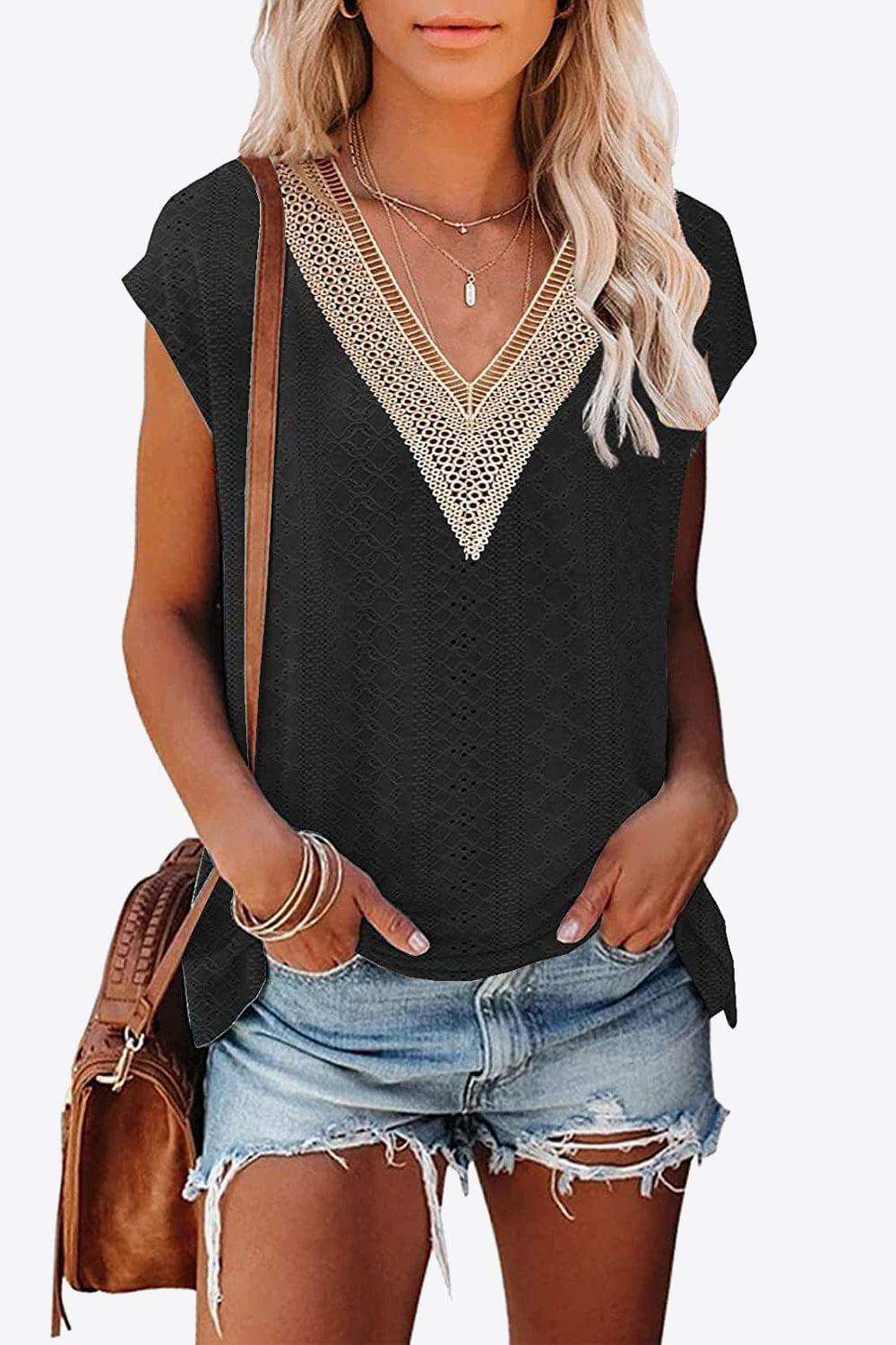 Eyelet Contrast V-Neck Tee - Trendsi - Flyclothing LLC