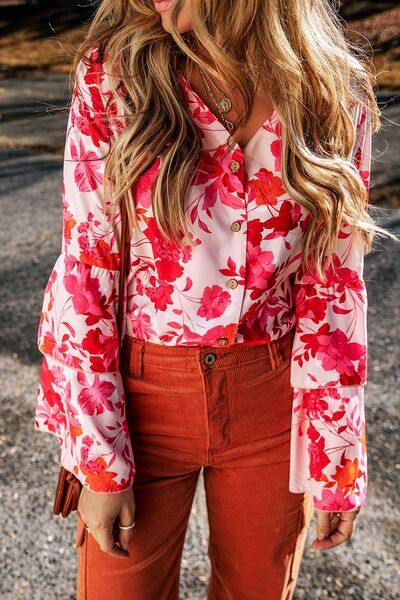 Floral Flare Sleeve Button Up V-Neck Bodysuit - Trendsi