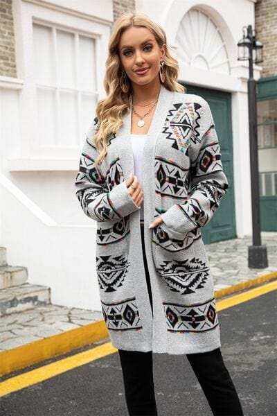 Pocketed Geometric Open Front Dropped Shoulder Cardigan - Trendsi - Flyclothing LLC