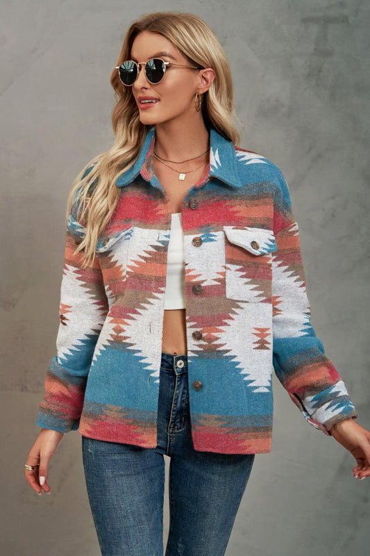 Printed Collared Neck Jacket - Trendsi